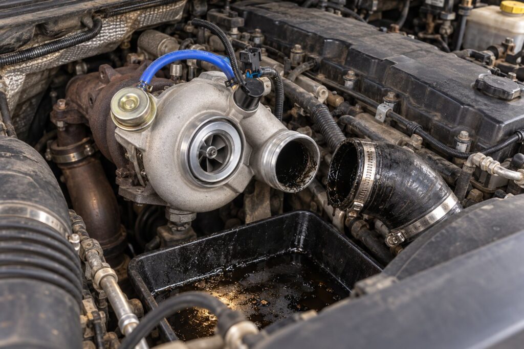 How to Flush an Intercooler After Turbocharger Failure: Preventing Re-Contamination 2 HE351CW on a 5.9L Cummins with an oily compressor outlet exposed during charge-air cleanup