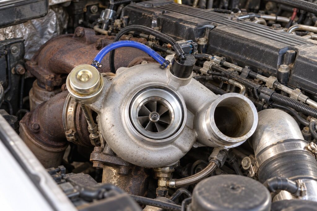 How to Inspect a Pull-Off Turbocharger Before Buying: What to Look For 2 HE351CW turbo on a Dodge Ram 5.9L Cummins with its intake removed for a used-turbo inspection