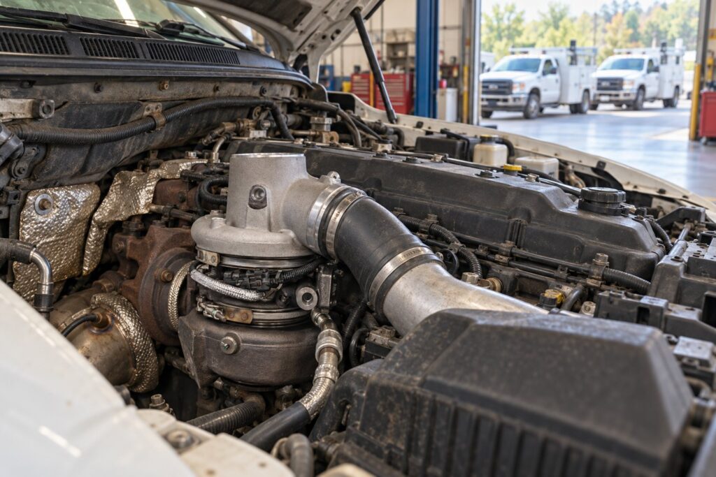 Fleet Turbocharger Pricing: How Commercial Operators Can Reduce Per-Unit Cost 2 HE351VE turbo installed in a 6.7L Cummins fleet service truck, with matching trucks outside the repair bay
