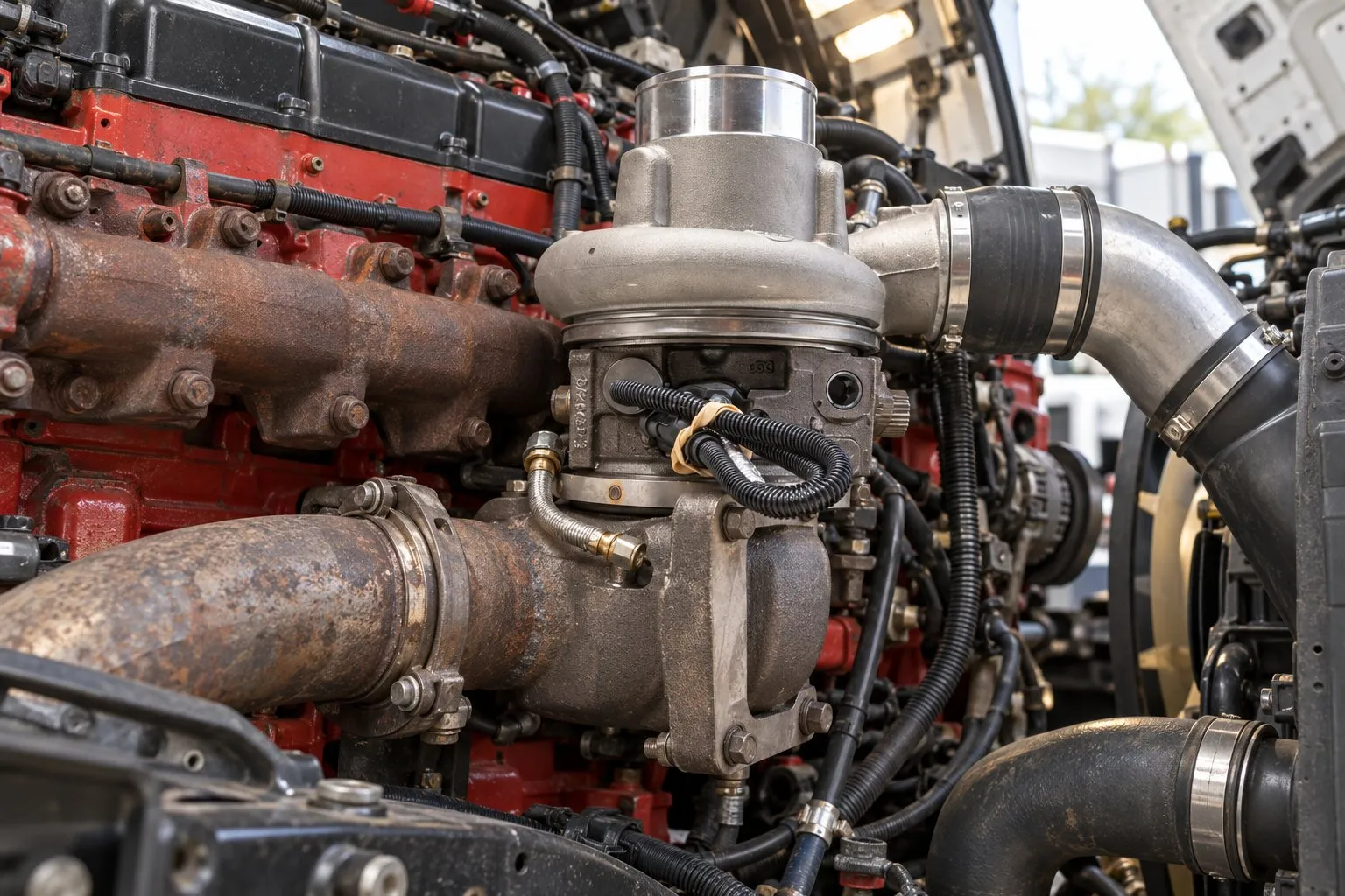 Holset HE431VE VGT Turbo: Cleaning, Actuator Replacement and Rebuild 3 HE431VE turbo and electronic actuator installed beside the exhaust manifold on a Cummins ISL engine