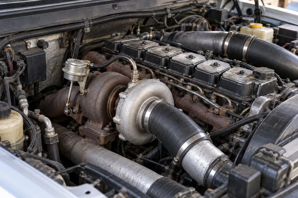 Holset HX35W Turbocharger: Wastegate Version for Cummins 5.9L Explained 13 HX35W turbo installed beside the exhaust manifold in a 1997 Dodge Ram 5.9L Cummins engine bay