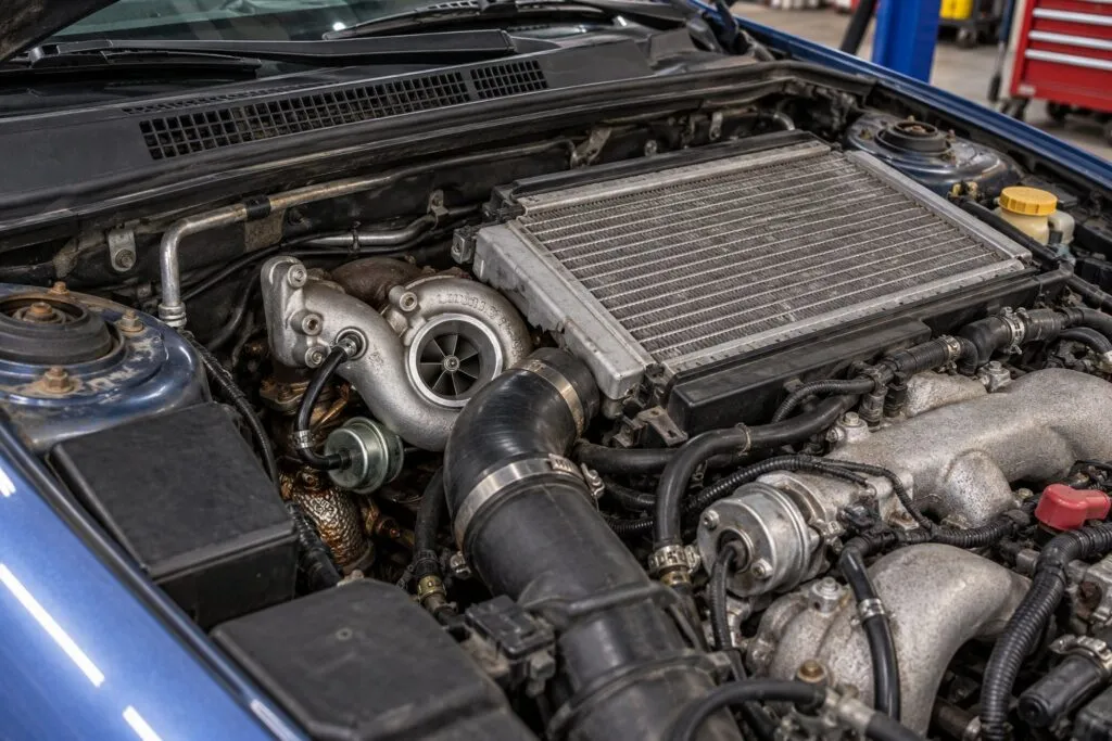 IHI VF40 Turbocharger: Subaru Legacy GT & Outback XT Application Guide 2 IHI VF40 installed beside the top-mount intercooler in a 2005 Subaru Legacy GT engine bay