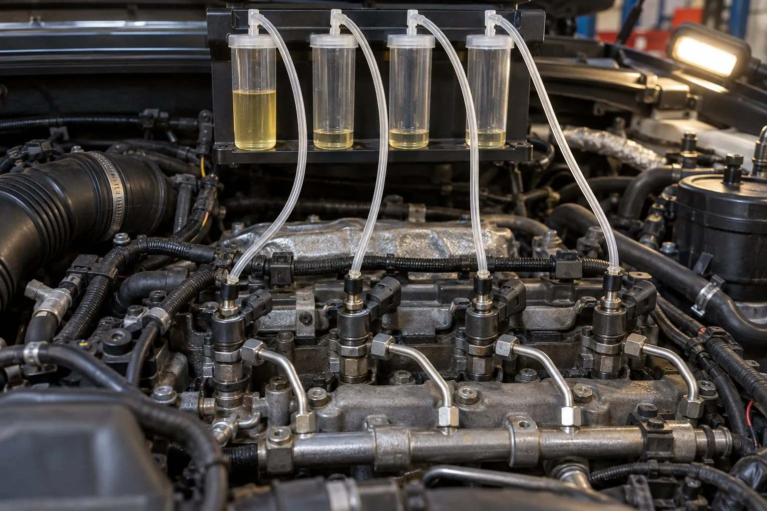 White Smoke from Diesel Engine: Is It the Turbocharger, Head Gasket or Injector? 1 Injector return-flow test with one collection vessel holding more diesel than its neighbours