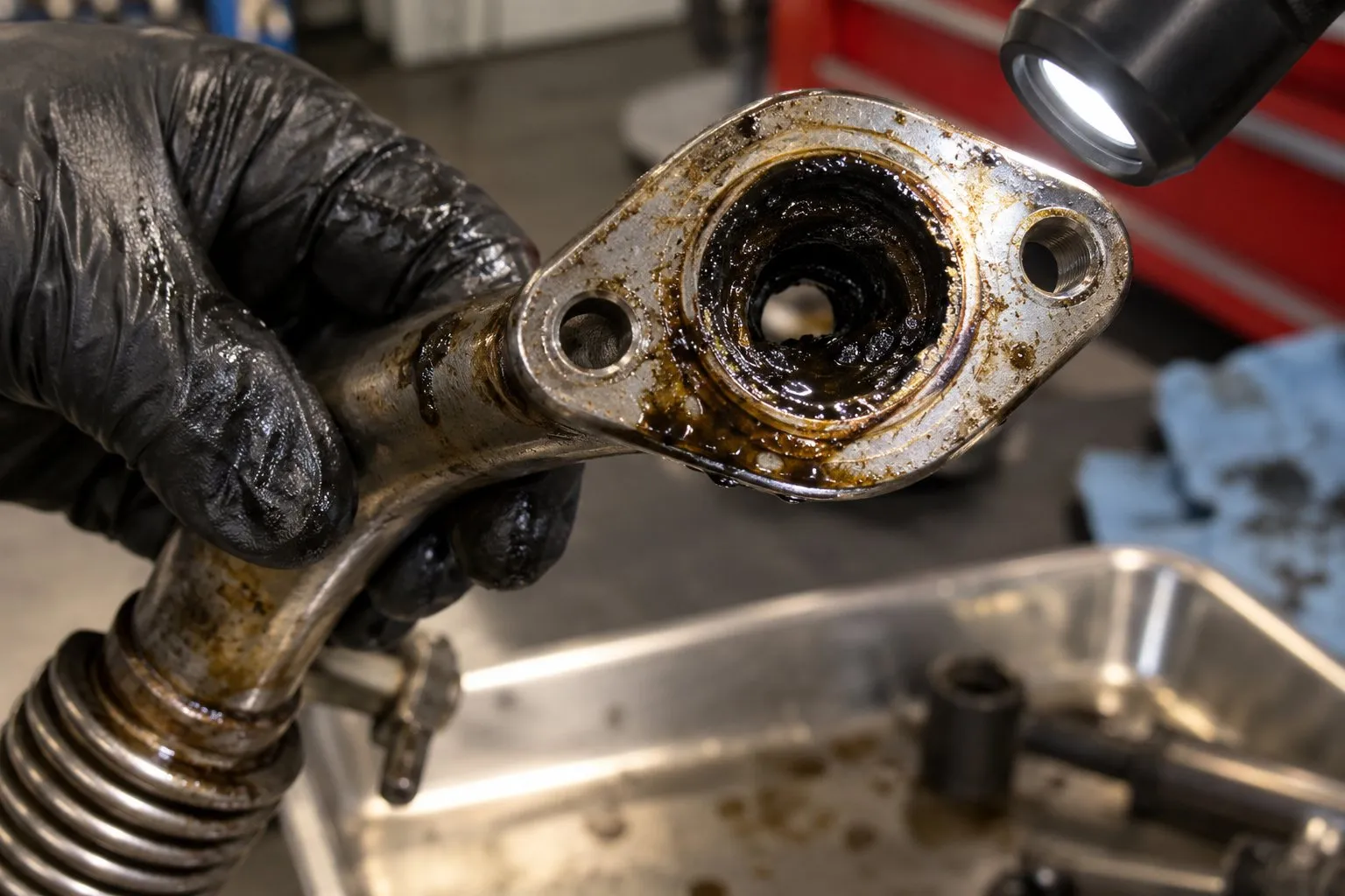 Turbocharger Oil Seals: Why They Fail and When to Replace Them 4 Inspection light reveals carbon buildup partially blocking a removed turbocharger oil return pipe