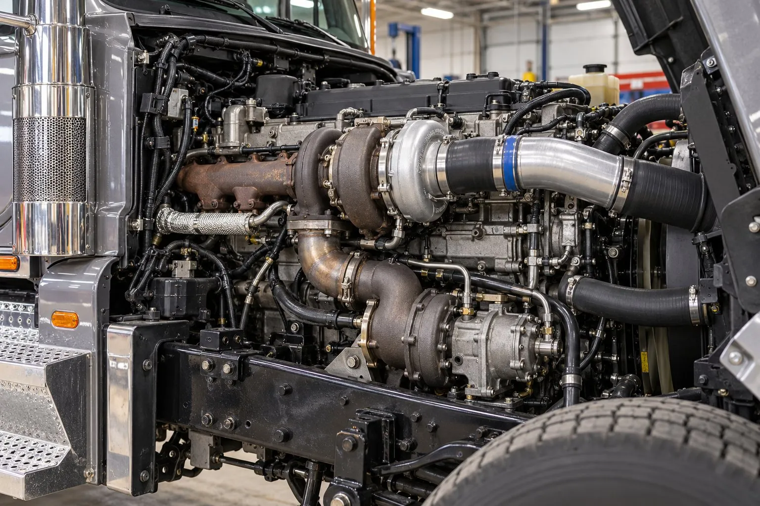 Freightliner 114SD & 122SD Vocational Turbocharger Guide: DD13 & DD15 Applications 1 Installed DD15 HX55 turbo and downstream turbo-compound power turbine in a Freightliner 122SD