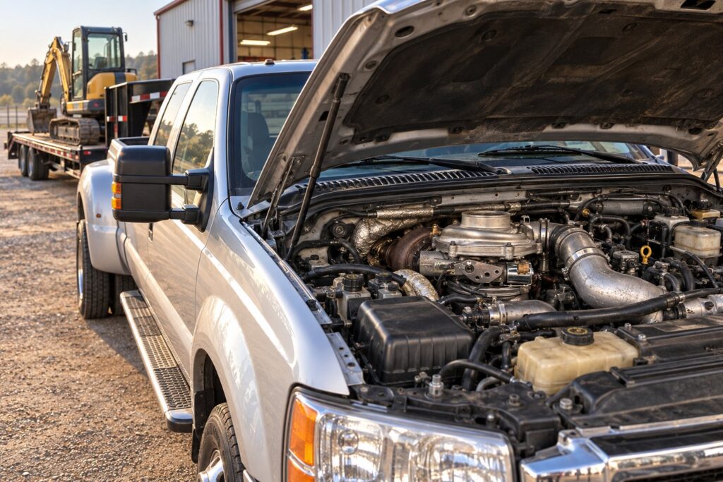 Best Turbocharger Upgrade for Towing: What to Consider Before You Buy 2 Installed GT3782VA turbo in a Ford 6.0L Power Stroke tow truck with a loaded trailer behind it