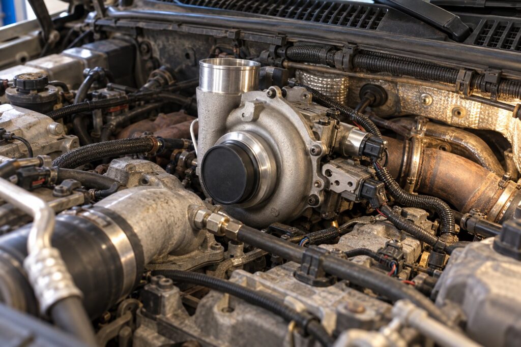 Boost Pressure Drops at Highway Speed: Diagnosing Intermittent Turbo Problems 1 Installed GT3788VA turbo at the rear of a Silverado HD LBZ Duramax engine during boost-loss diagnosis