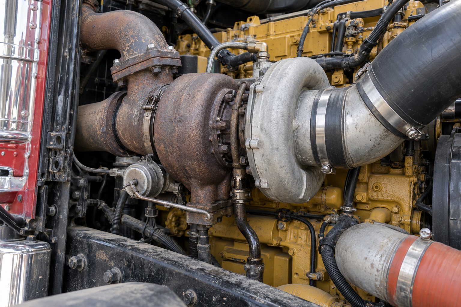 Kenworth W900 Turbocharger Guide: Cummins ISX & Cat C15 Applications by Year 1 Installed GTA4702 single turbo and exhaust manifold on a yellow Caterpillar 6NZ C-15 in a W900