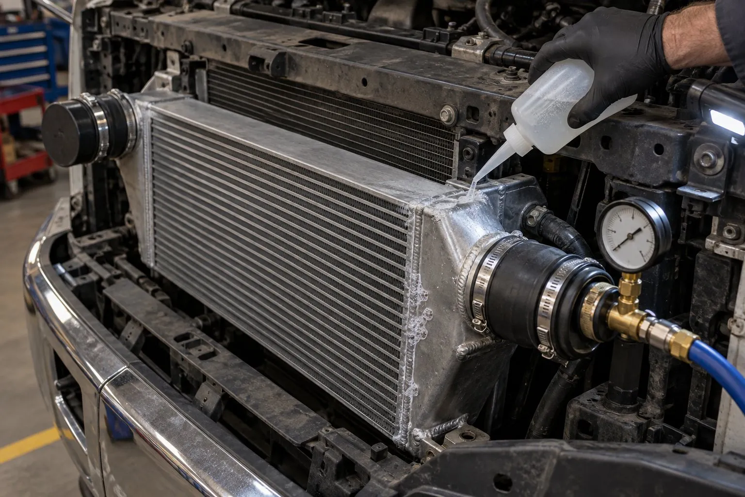 Intercooler Failure Symptoms: How a Bad Intercooler Damages Your Turbocharger 2 Installed intercooler being pressure tested with capped connections, regulated air, and bubbles at a leak