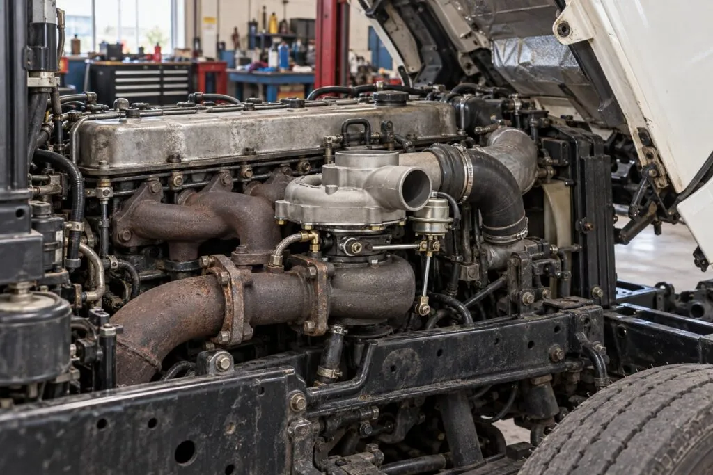UD/Nissan FE6 Turbocharger Guide: Medium Duty Truck Applications & Replacement 4 Installed turbo and FE6T inline-six beneath the tilted cab of a UD medium-duty truck