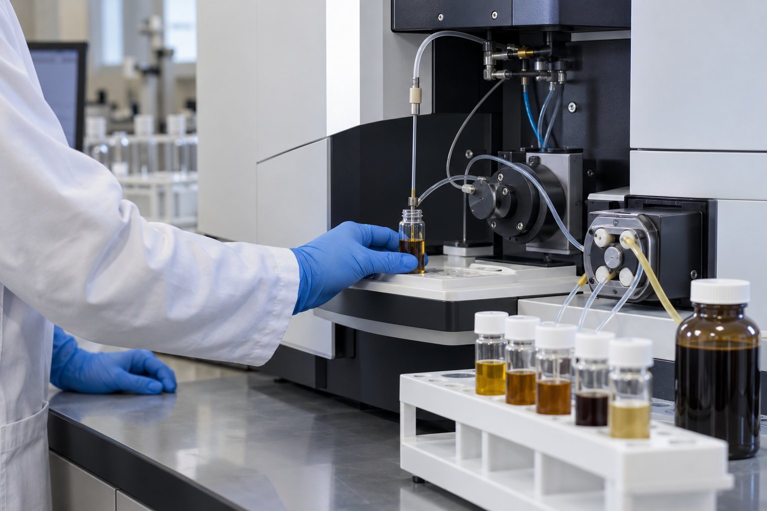How to Use an Engine Oil Analysis Report to Diagnose Turbocharger Wear 3 Laboratory technician introducing a prepared engine-oil sample into elemental-analysis equipment