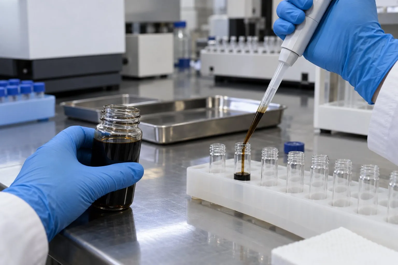 Contaminated Engine Oil and Turbocharger Failure: Identifying the Pattern 1 Laboratory technician preparing a used diesel engine oil sample for contamination analysis