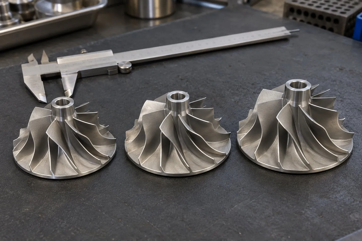 Mitsubishi TD05 Turbocharger: Medium Diesel & Industrial Applications 1 Loose 16G, 18G and 20G compressor wheels showing their shared exducer size and different inlet diameters