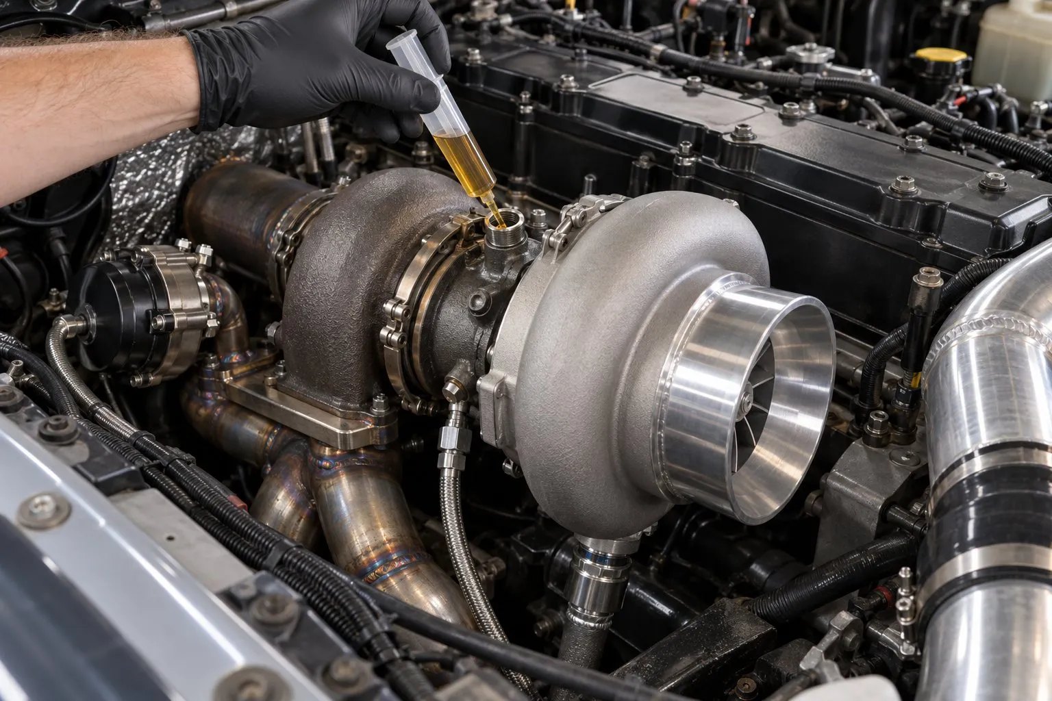Garrett GT45 Turbocharger: High-Flow Diesel Applications & Sizing Reference 2 Mechanic adding clean engine oil to a GT4508R oil inlet before connecting the feed line