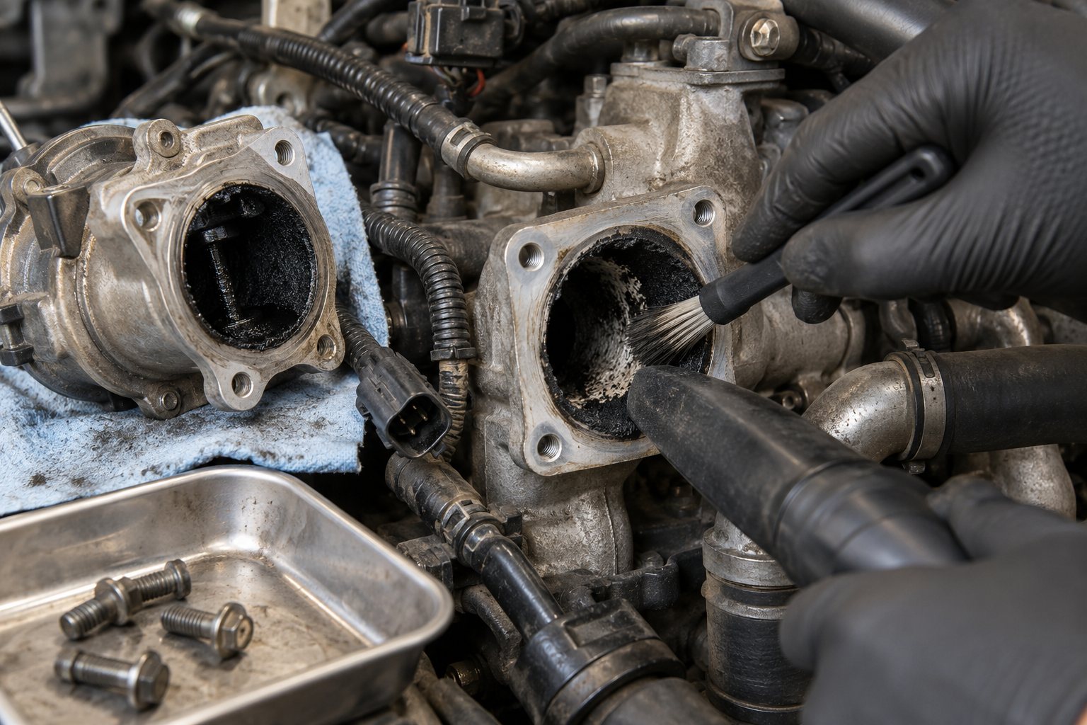 EGR System and Turbocharger Health: What Diesel Mechanics Need to Know 3 Mechanic brushing carbon from an accessible diesel intake-side EGR passage with debris extraction