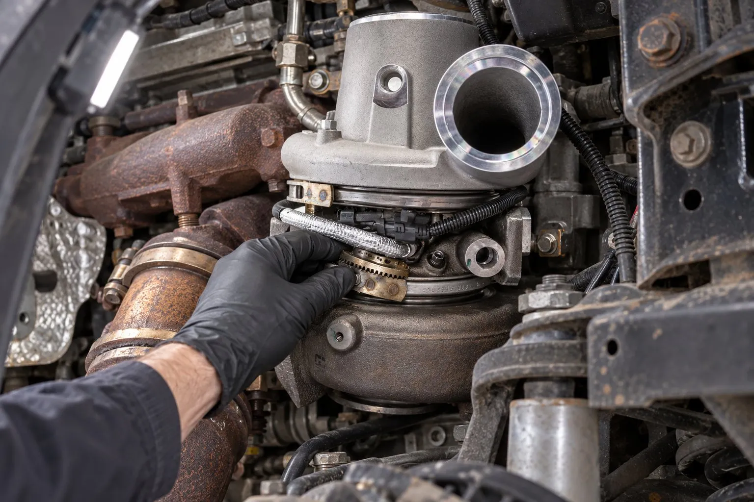 How a Failed EGR Kills Your Turbocharger: Symptoms & What to Replace First 1 Mechanic checking the exposed HE351VE vane-control sector gear with the electronic actuator removed