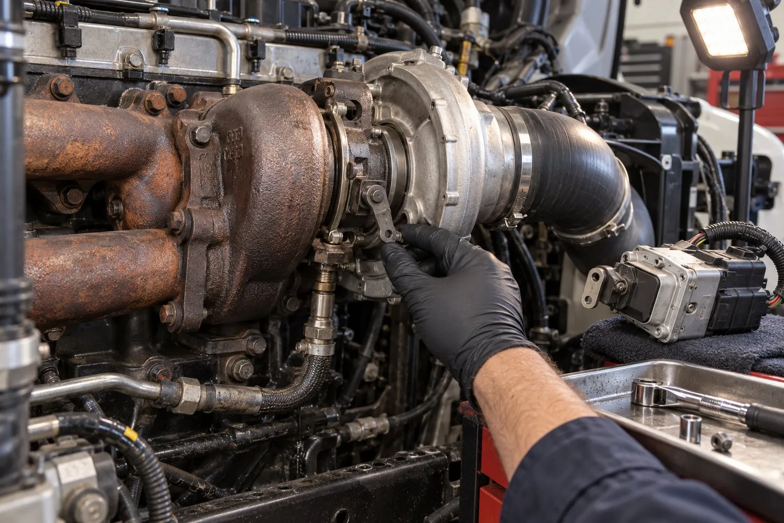 Garrett GT35 Series Turbocharger: Medium Diesel & Performance Applications 2 Mechanic checks a Hino GT3576KLV vane lever with the electronic actuator removed