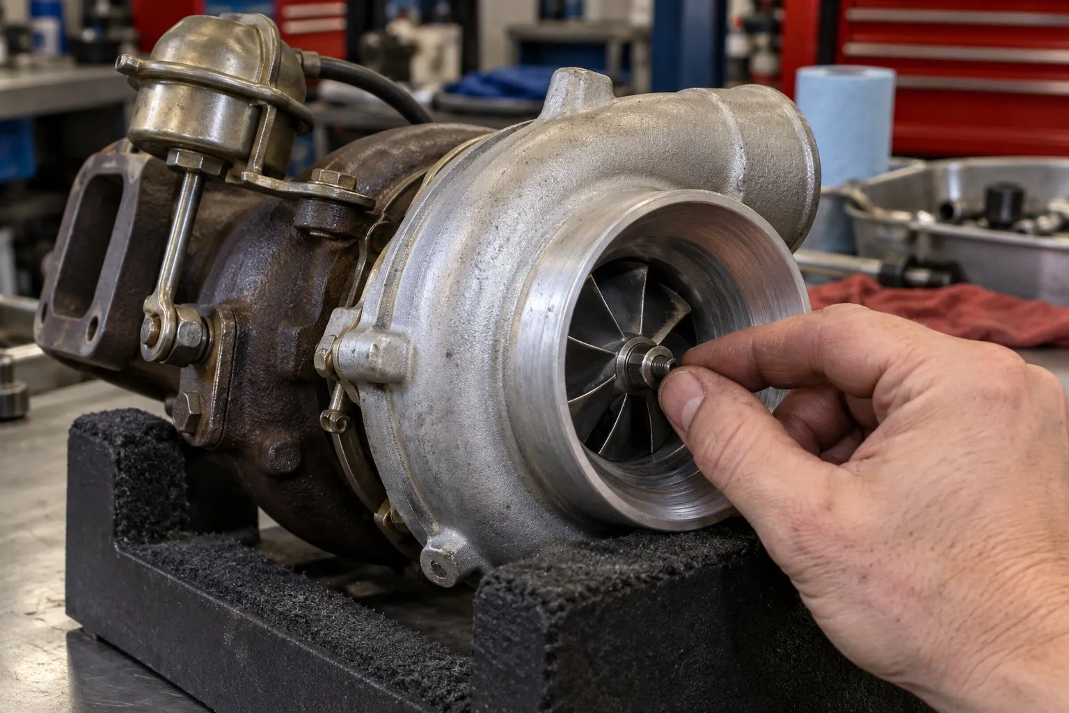 Garrett T3 Turbocharger: Classic Design, Applications & Modern Replacement Options 3 Mechanic checks a removed Garrett T3 compressor wheel for shaft play and housing rub marks