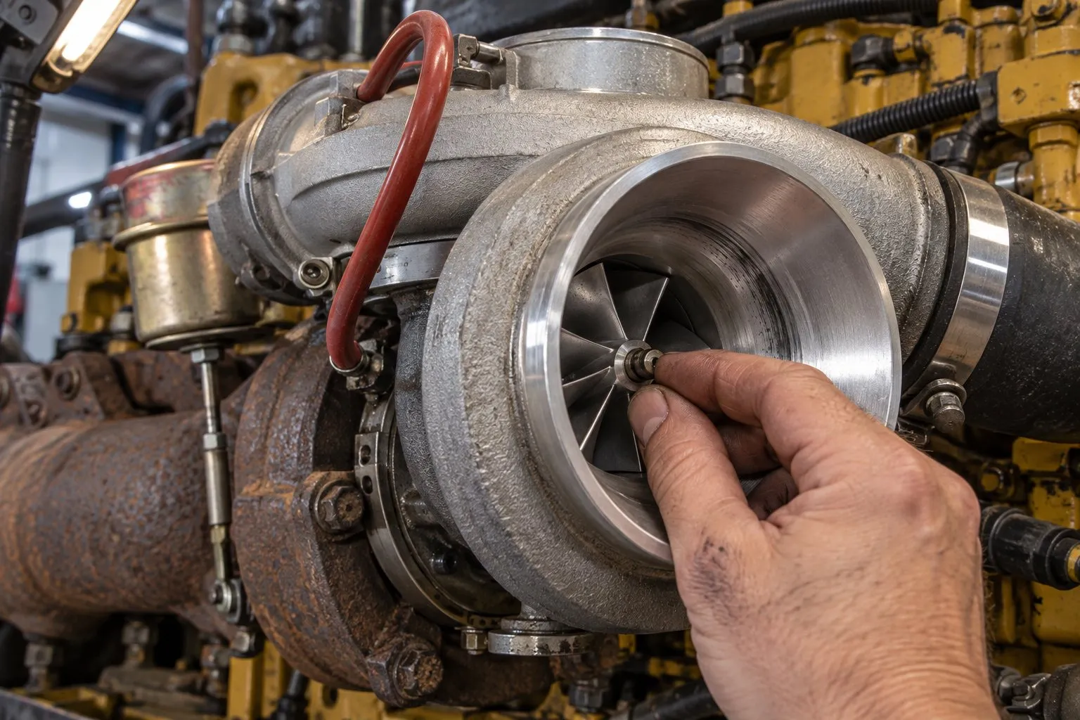 BorgWarner S410 Turbocharger: High-Flow Semi Truck & Industrial Applications 1 Mechanic checks compressor shaft movement on an installed C15 S410G with the inlet duct removed