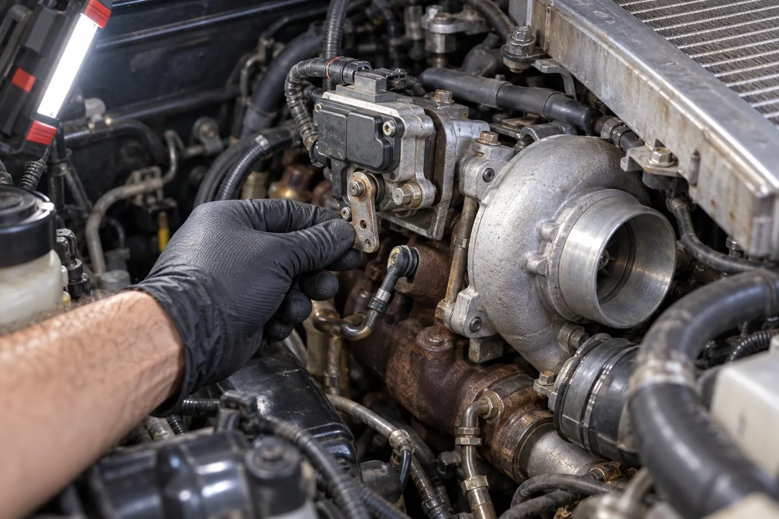 Toyota 1KD-FTV 3.0L Turbocharger Guide: Hilux, Land Cruiser & Prado Applications 2 Mechanic checks the CT16V vane lever with the actuator link disconnected on a cool Hilux engine
