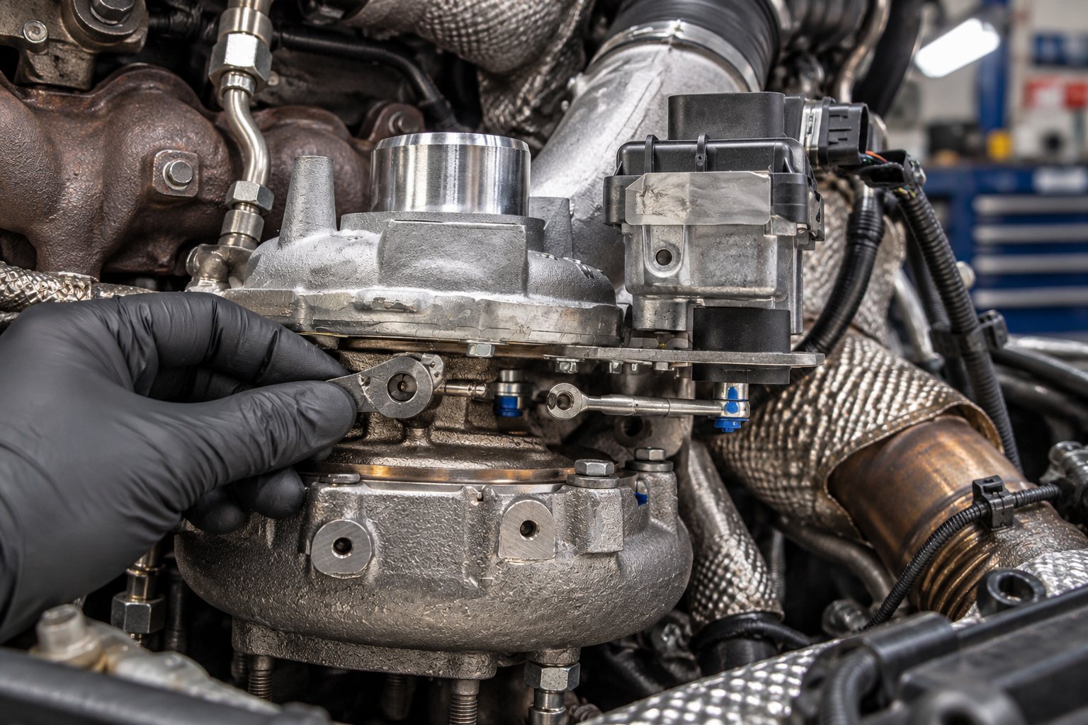 BMW N57 Turbocharger Guide: 3.0L Diesel Failures, Part Numbers & Replacement Cost 3 Mechanic checks the N57 turbo vane lever with the electronic actuator linkage disconnected