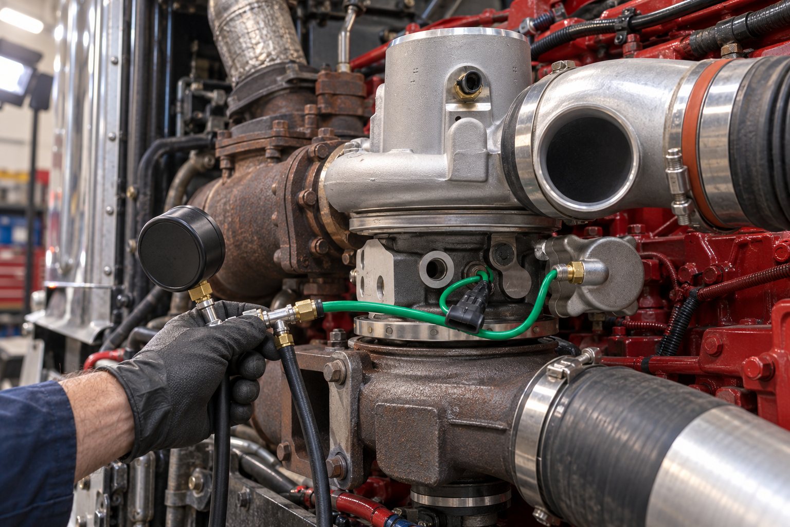 Kenworth W900 Turbocharger Guide: Cummins ISX & Cat C15 Applications by Year 2 Mechanic checks the pneumatic actuator supply on an installed HE551V turbo in a Cummins ISX-powered W900