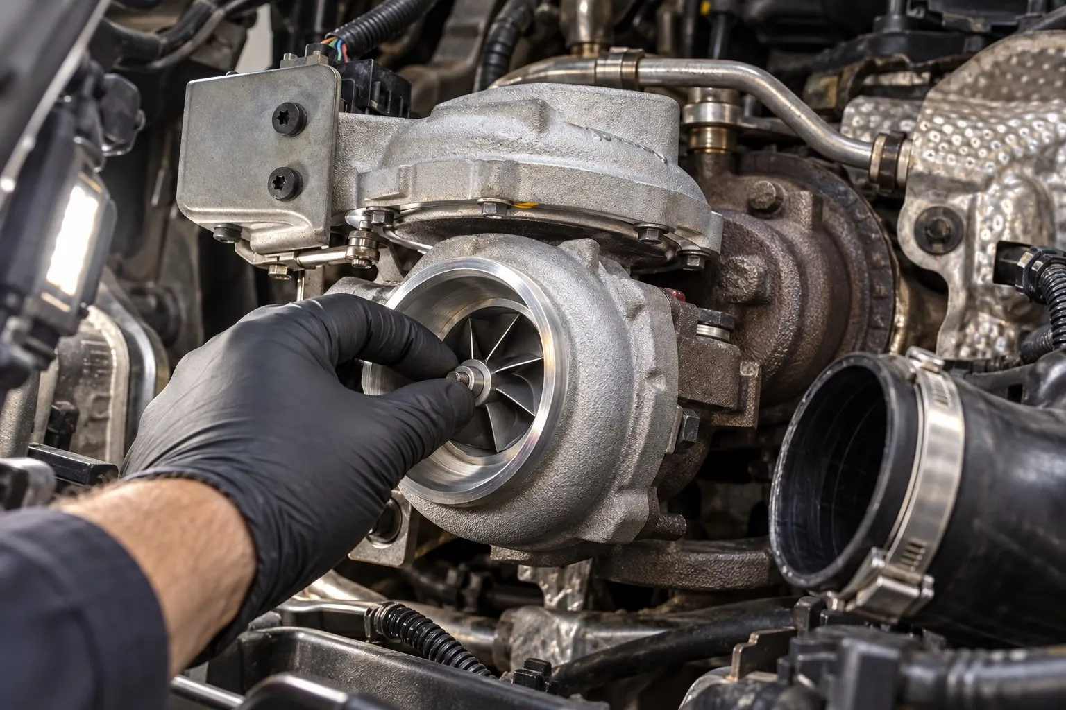 Ford Transit 3.2L Diesel Turbocharger Guide: Common Failures & Replacement 2 Mechanic checks the Transit GTB2256VK compressor wheel through its disconnected intake hose opening
