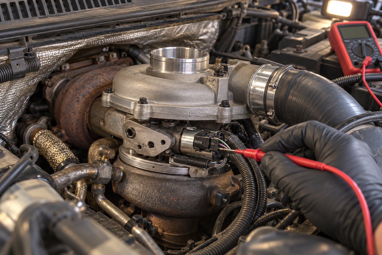 Duramax Turbocharger Replacement Cost: LBZ, LMM & LML Price Comparison 4 Mechanic checks the vane-control solenoid connector on an installed LBZ Duramax GT3788VA turbo