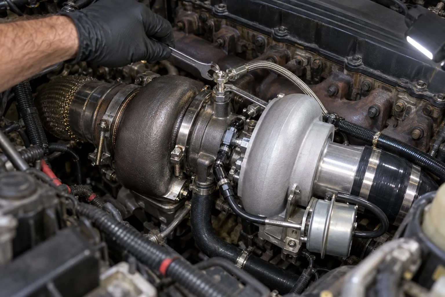 BorgWarner EFR Series Turbocharger: Performance Diesel Applications Guide 3 Mechanic connecting the EFR 7670 oil feed above a smooth downhill drain in a Cummins engine bay
