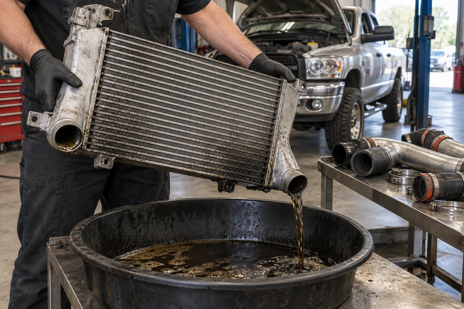 How to Flush an Intercooler After Turbocharger Failure: Preventing Re-Contamination 4 Mechanic draining contaminated flush solvent from a removed Ram intercooler into a catch pan