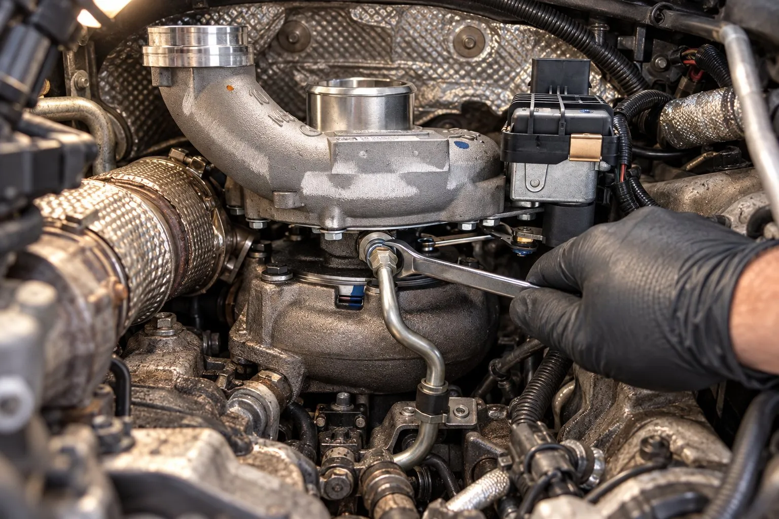 Mercedes OM642 Turbocharger Guide: Sprinter, E350d, ML350 & GL350 Replacement 4 Mechanic fitting a new turbo oil feed line on a Sprinter OM642 engine