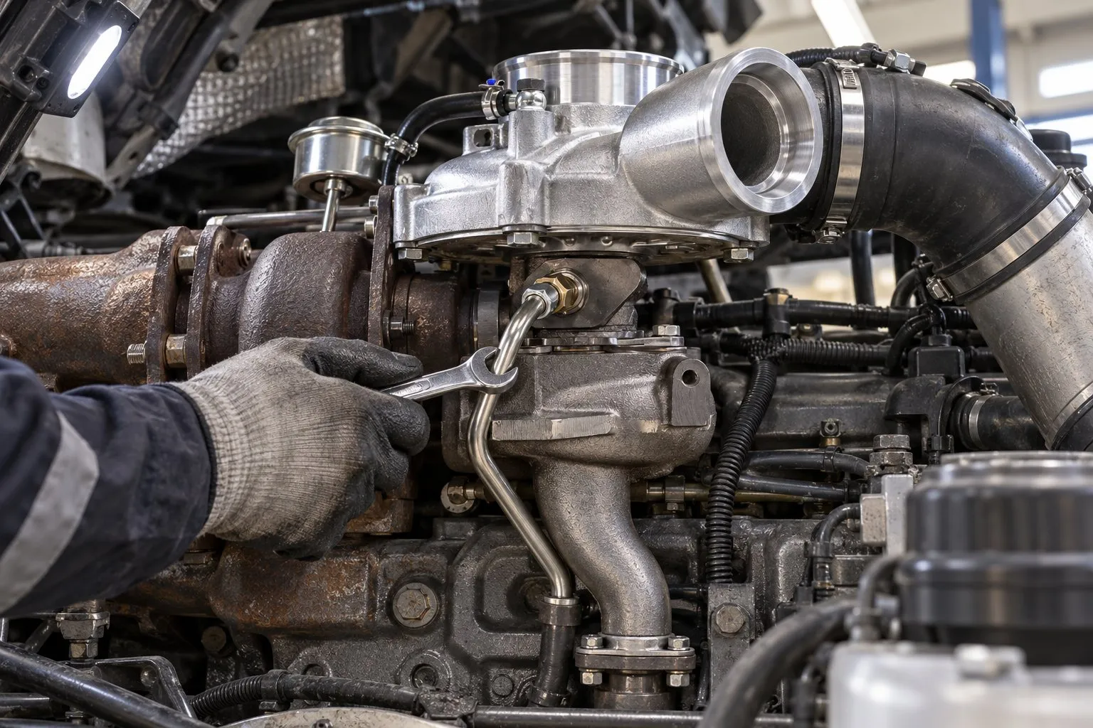 BorgWarner K27 Turbocharger: Mercedes & European Diesel Application Guide 4 Mechanic fitting the oil feed line to a K27 turbo on a Mercedes OM906LA engine