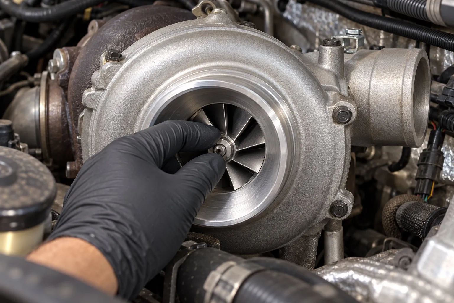 Turbo Whine on Ford 6.0L Powerstroke: Normal Noise vs Bearing Failure Guide 2 Mechanic gently checking the exposed GT3782VA compressor wheel on a stopped 6.0L Power Stroke