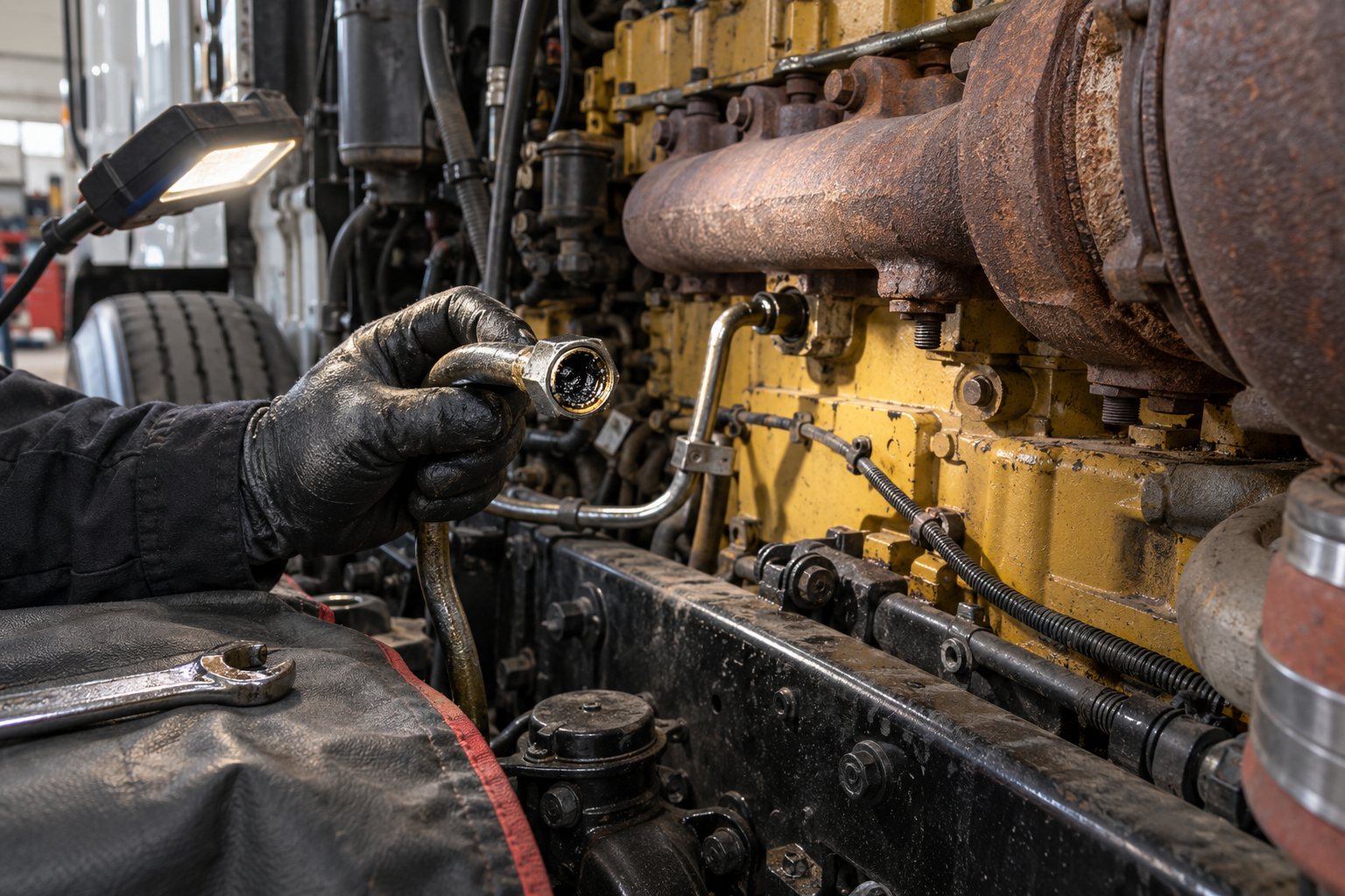 Caterpillar C15 Turbocharger Replacement Cost: New, Reman & Rebuild Compared 3 Mechanic inspecting a restricted turbo oil-feed line beside a Caterpillar C15 engine