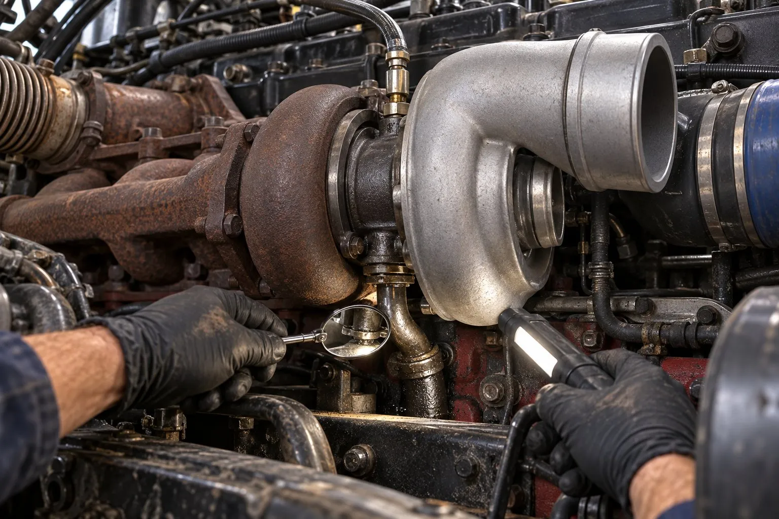 Holset HX50 Turbocharger: Large Displacement Cummins & Industrial Applications 1 Mechanic inspecting the oil drain beneath an installed Holset HX50 on a Cummins M11