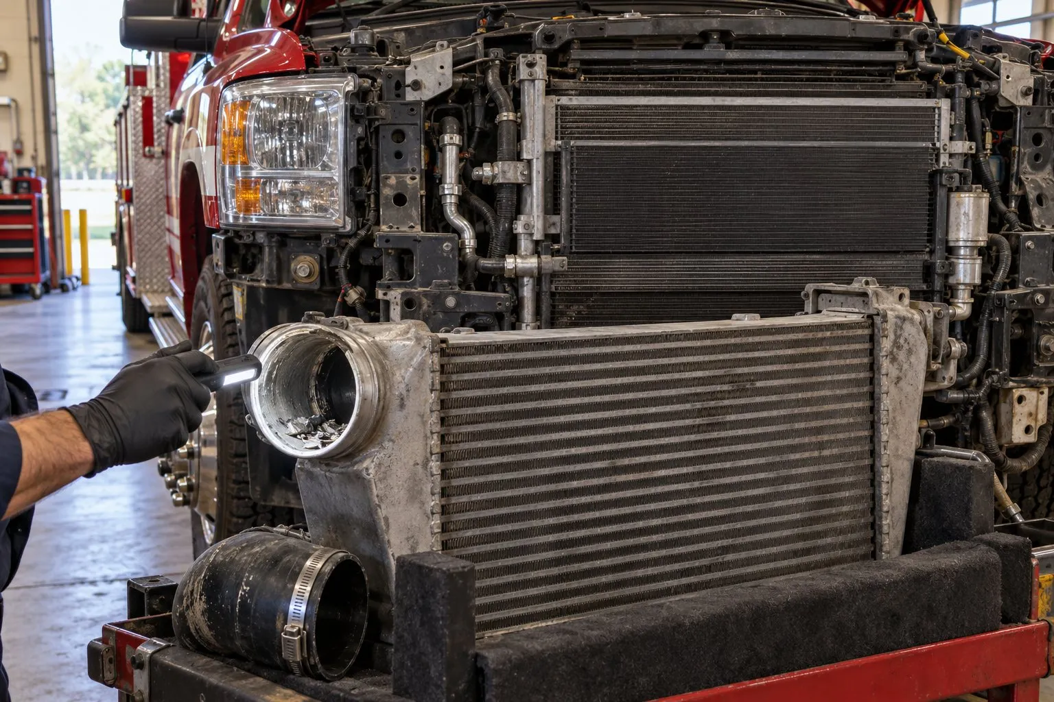 Emergency Vehicle Diesel Turbocharger Maintenance: Ambulance, Fire & Police Fleet Guide 2 Mechanic inspects a rescue truck’s removed intercooler inlet for metal after compressor wheel damage