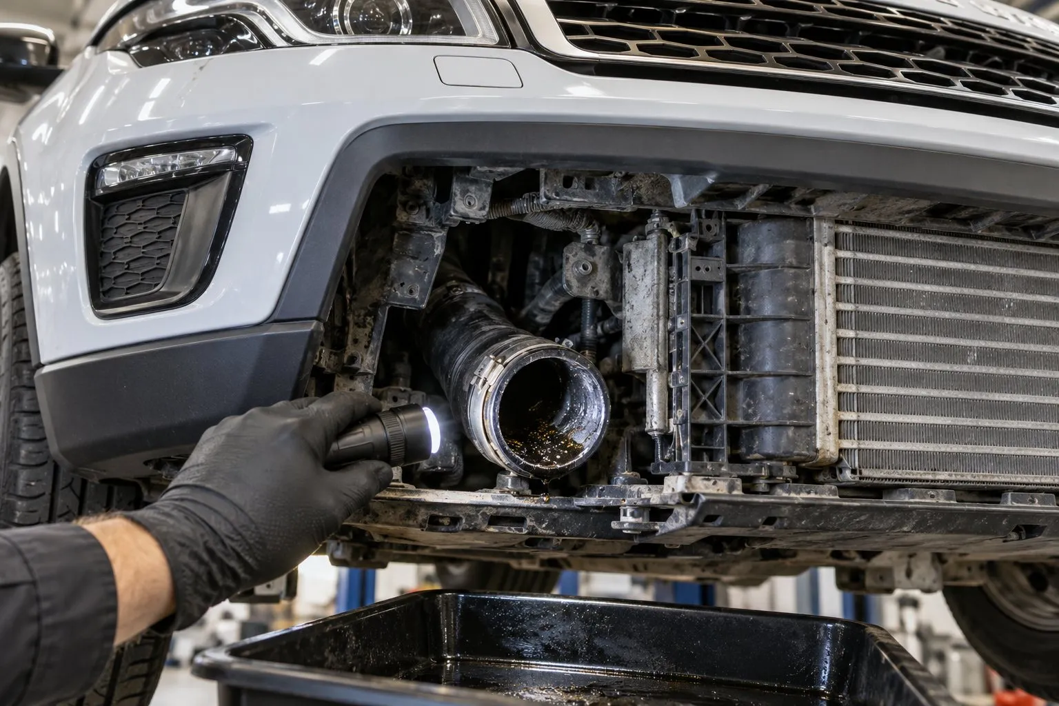 Land Rover TD4 2.0L Turbocharger Guide: Defender, Discovery Sport & Range Rover Evoque 2 Mechanic inspects oil and debris inside an Evoque TD4 lower intercooler hose before turbo replacement