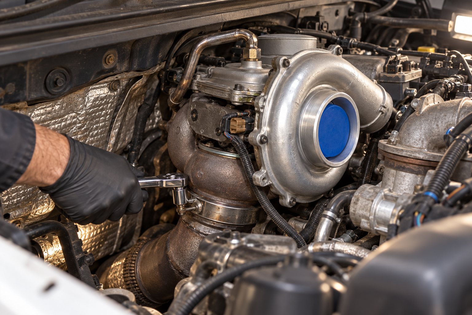 Ford 6.0L Powerstroke Turbocharger Replacement Cost: Full Price Breakdown 3 Mechanic loosening the GT3782VA downpipe clamp in a 6.0L Powerstroke engine bay