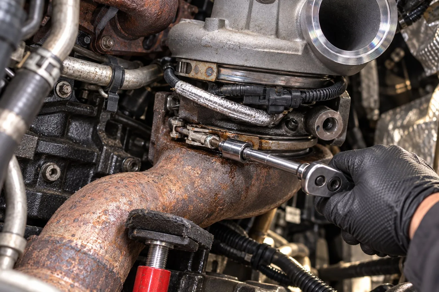 How to Remove a Turbocharger on a 6.7L Cummins: Ram 2500 & 3500 Step-by-Step 1 Mechanic loosening the HE351VE turbine-outlet V-band clamp on a 2012 Ram 2500