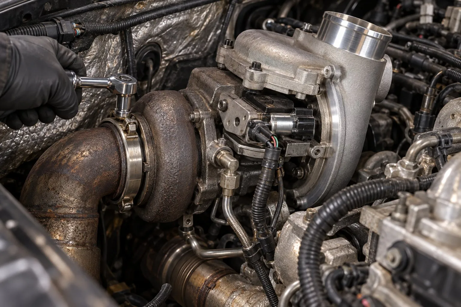 How to Remove a Turbocharger on a Duramax: LBZ, LMM & LML Step-by-Step 1 Mechanic loosening the turbo downpipe V-band clamp on a Duramax LMM with a socket and extension