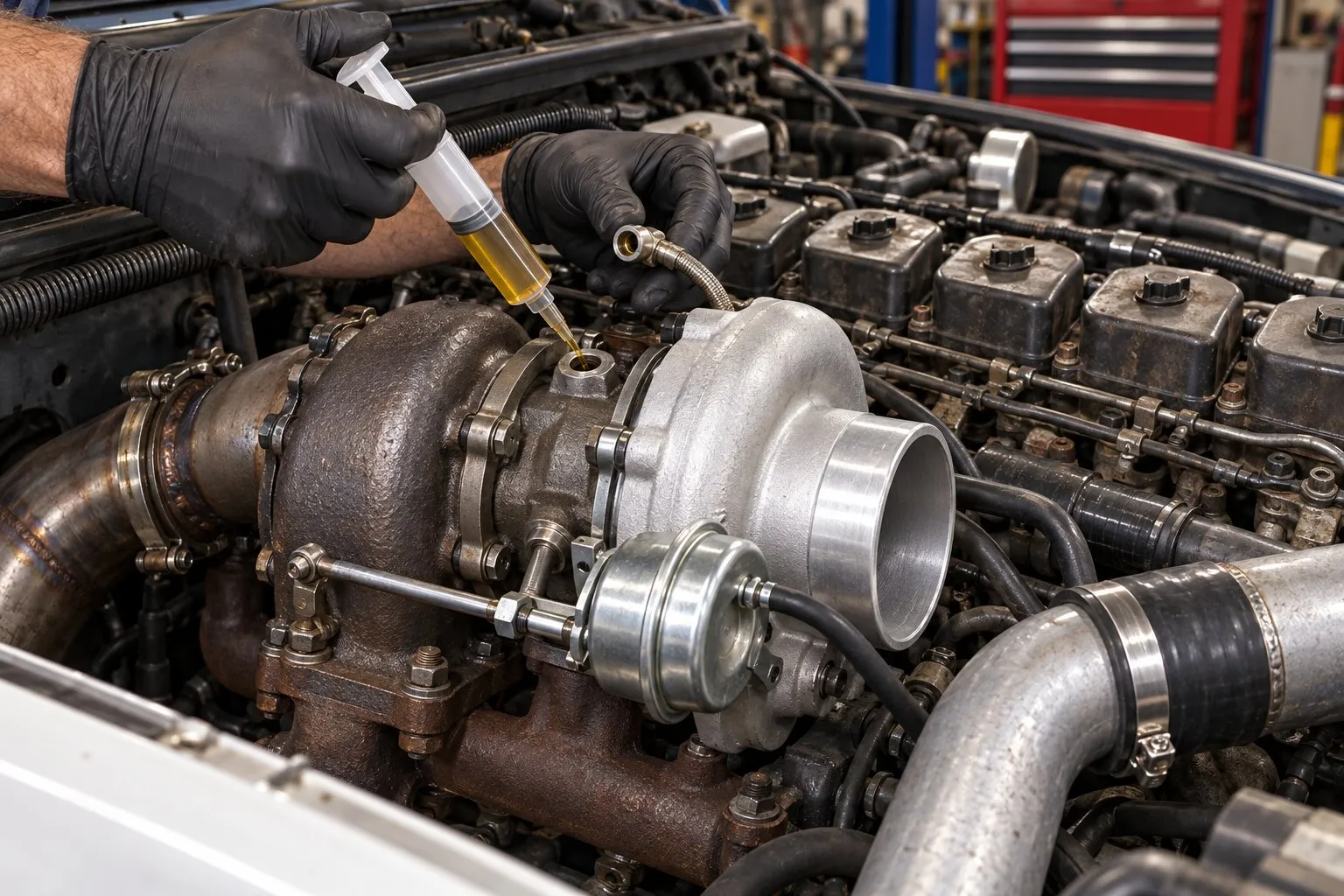 Holset HX35W Turbocharger: Wastegate Version for Cummins 5.9L Explained 4 Mechanic pre-fills the HX35W bearing housing through its oil-feed port before reconnecting the oil line