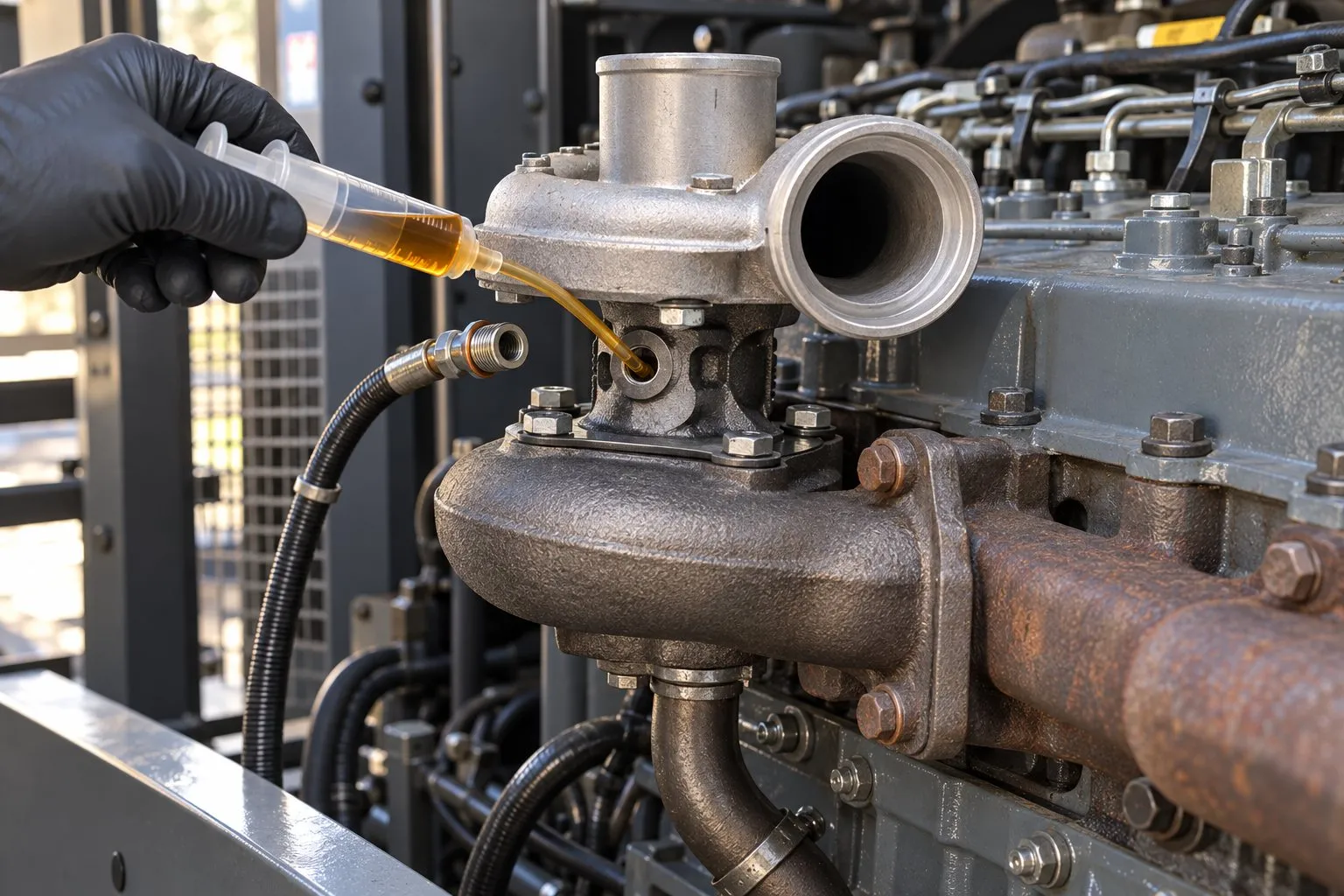 BorgWarner Schwitzer S1B Turbocharger: Agricultural & Industrial Applications 4 Mechanic prelubricating an installed S1B through its oil feed port before reconnecting the supply line