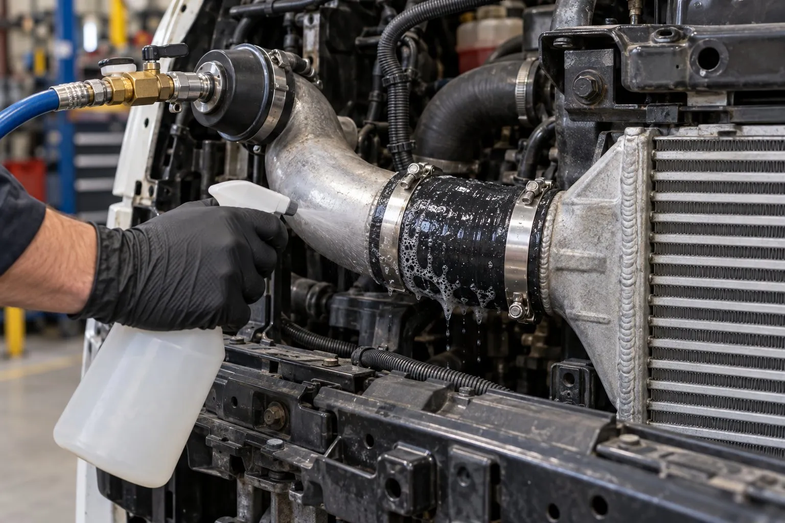 How to Replace Intercooler Boots and Pipes on a Diesel Truck 2 Mechanic pressure-testing a newly installed intercooler boot with soapy water