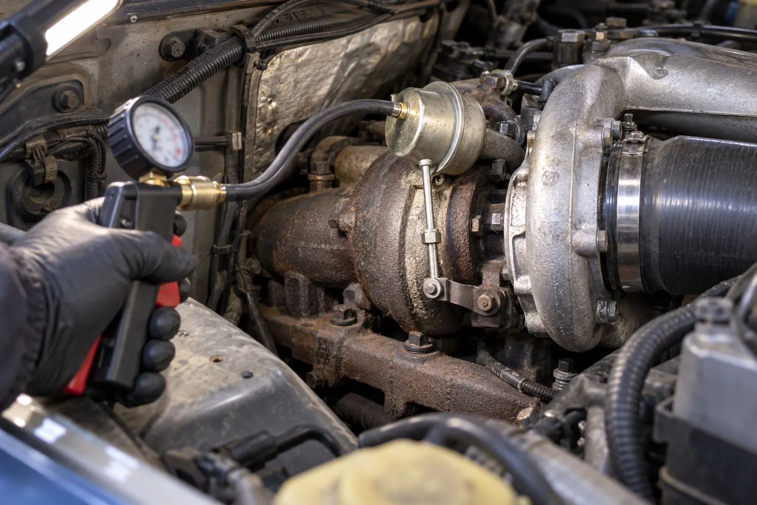 2003-2007 Ram 5.9L Cummins Turbocharger Guide: HY35W, HE341CW & HE351CW 2 Mechanic pressure-testing the wastegate actuator on an installed HE341CW in a Ram 5.9L Cummins