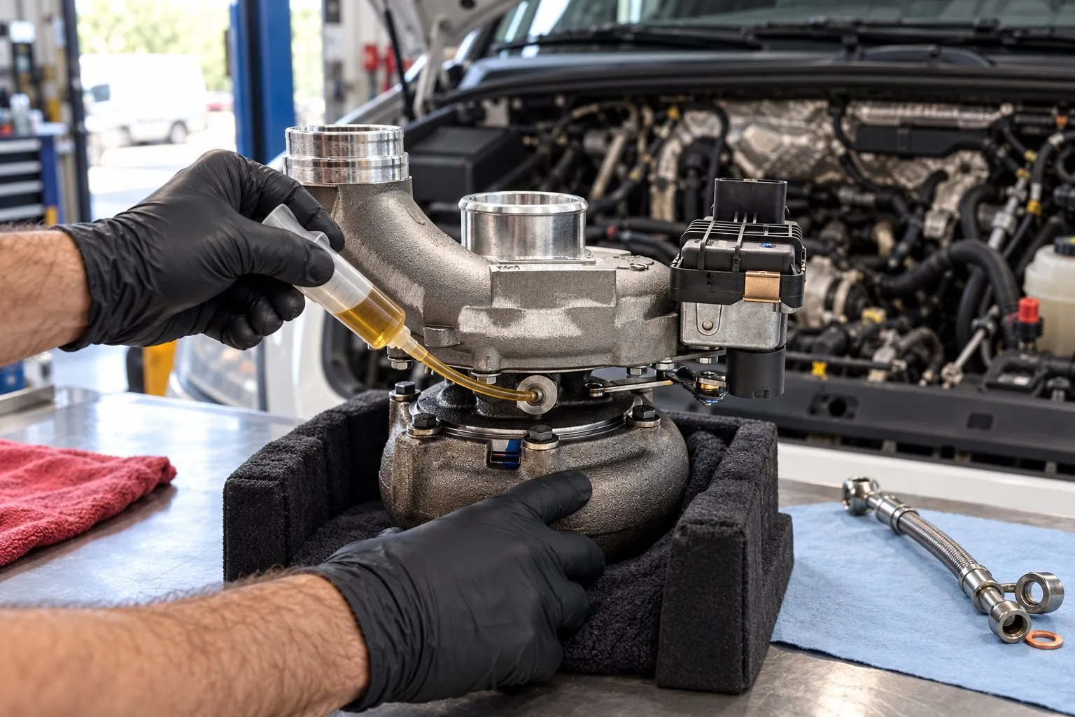 Garrett GT2056V Turbocharger: Mercedes OM642 & Dodge Sprinter Application Guide 4 Mechanic primes a replacement GT2056V with clean oil before installation in an OM642 Sprinter