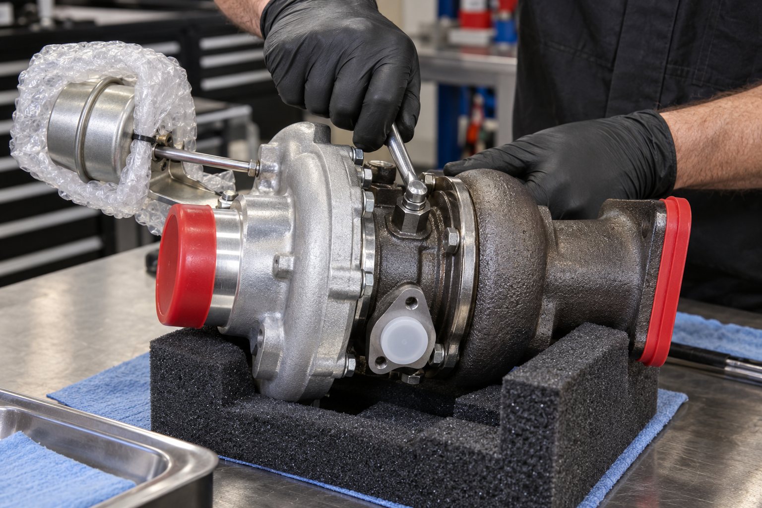 How to Pack and Ship a Turbocharger for Rebuild: Step-by-Step Guide 3 Mechanic sealing a drained turbocharger oil port while its wheel openings and pneumatic actuator are protected