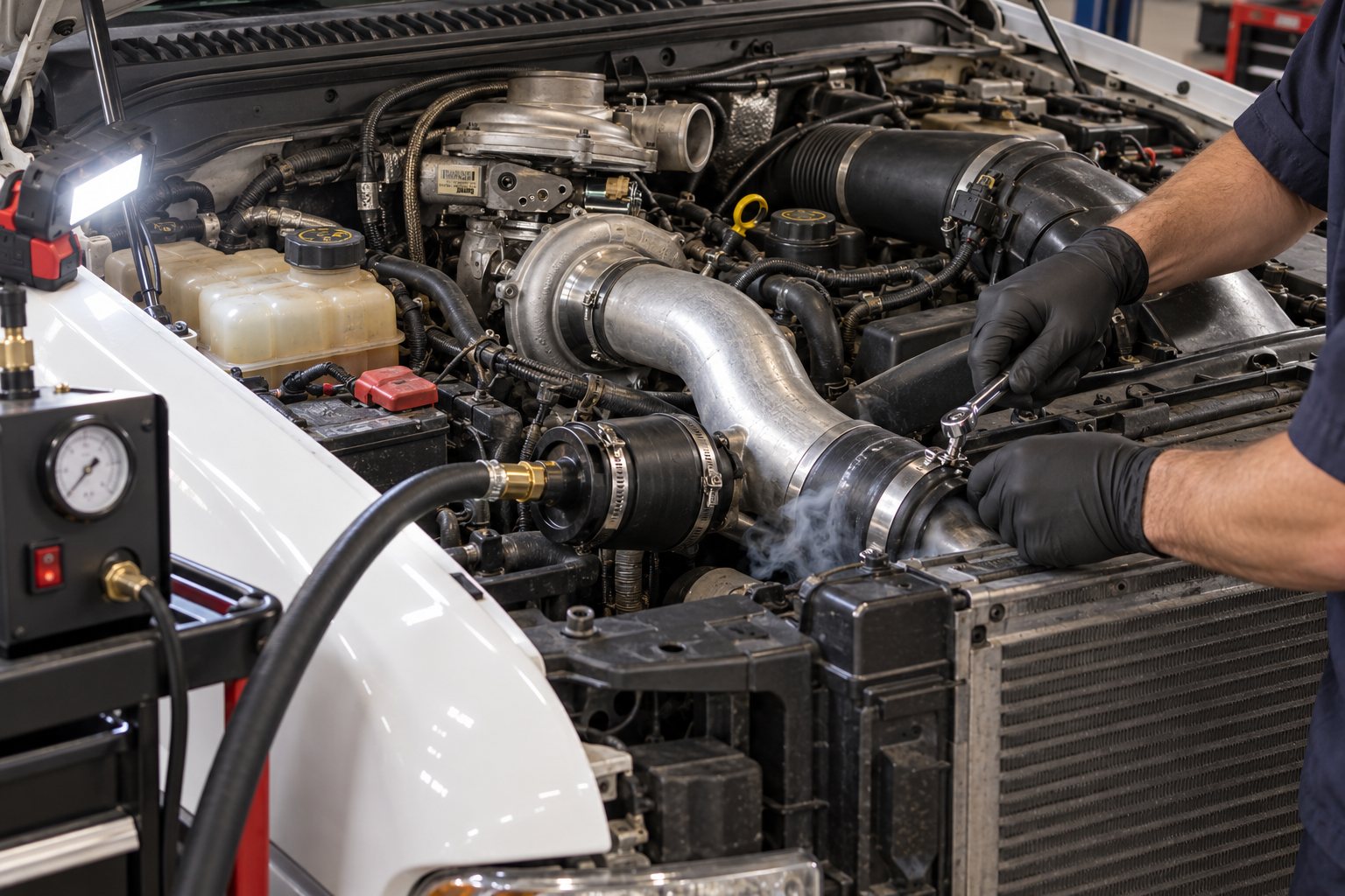 Best Turbocharger Upgrade for Towing: What to Consider Before You Buy 4 Mechanic smoke-testing a charge-air hose connection on a Ford 6.0L Power Stroke