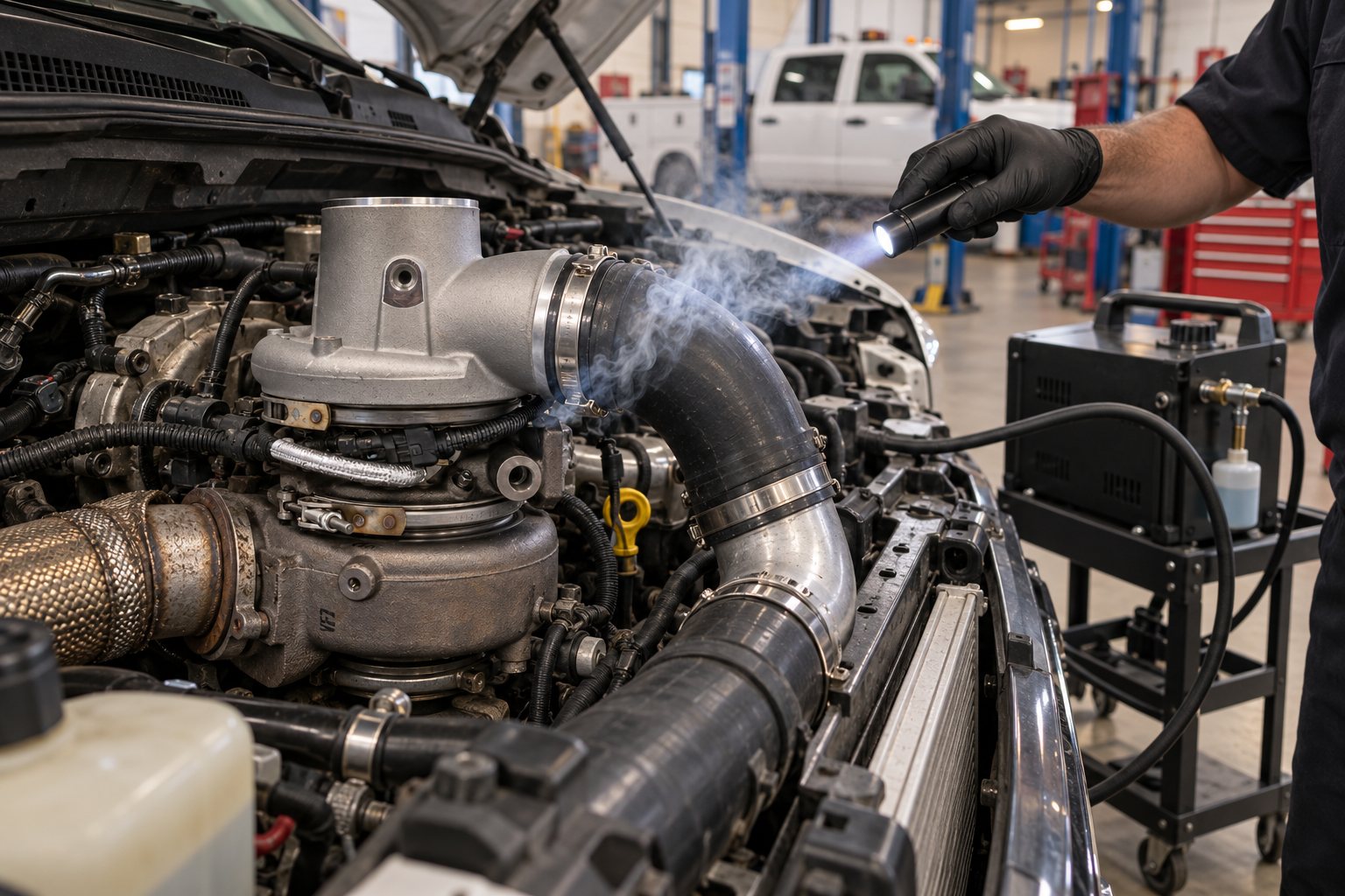 Fleet Turbocharger Pricing: How Commercial Operators Can Reduce Per-Unit Cost 4 Mechanic smoke-testing charge-air plumbing beside an installed HE351VE on a 6.7L Cummins fleet truck