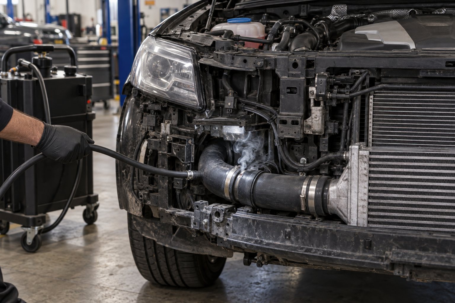 Audi 3.0L TDI Turbocharger Guide: A6, A7, A8, Q5 & Q7 Replacement 4 Mechanic smoke-tests charge piping on an Audi Q7 3.0 TDI before replacing the turbo