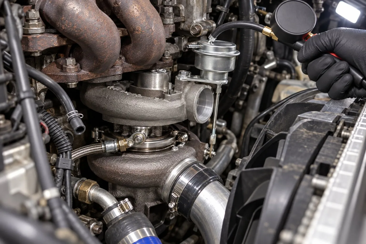 Mitsubishi TD06 Turbocharger: Marine, Industrial & Performance Applications 4 Mechanic tests the TD06-20G wastegate actuator with a hand pressure pump on a 4G63 Eclipse.